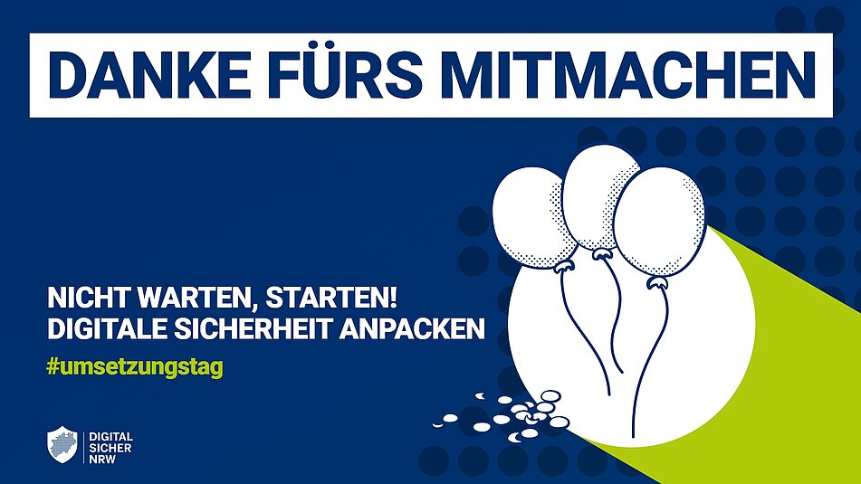 Ballons vor einem blauen Hintergrund mit dem Titel "Dank fürs Mitmachen"