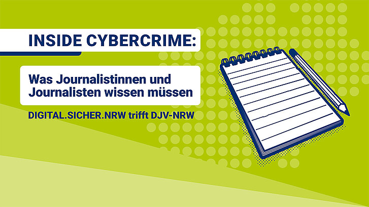 Eine Illustration eines Ringblocks mit einem Bleistift auf grünem Hintergrund, mit der Überschrift "Inside Cybercrime"